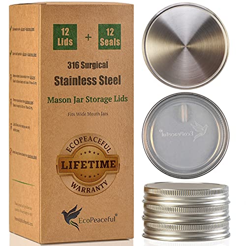 316 Surgical Stainless Steel Mason Jar Lids WIDE Mouth - Rust-proof, Airtight, Leak-proof, BPA-Free, PVC-free, Vegan, Reusable - Not for Canning - size: 12 Wide Mouth Lids- 3 3⁄8" outer Ǿ
