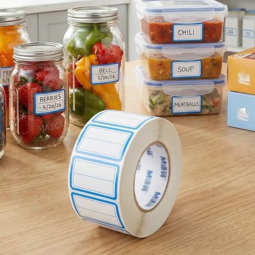 500Pcs 2-Line Freezer Labels, 40x25mm Removable Food Storage Stickers, No Residue Waterproof Write-on Mason Jar Labels for Kitchen Organization, Home Moving & Garage Sale (Blue Border) - color: 500pcs Blue 2-line