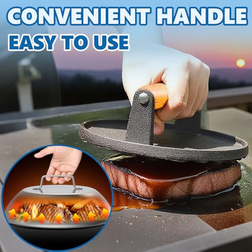 SafBbcue Round Cast Iron Smash Burger Grill Weight Press Tool & Griddle Steamer Melting Dome 12" Round Stainless Steel Basting Cover for Blackstone Griddle, Griddle Food Cover Dome for Flat Top Grills - style: 12In Dome+Round Press