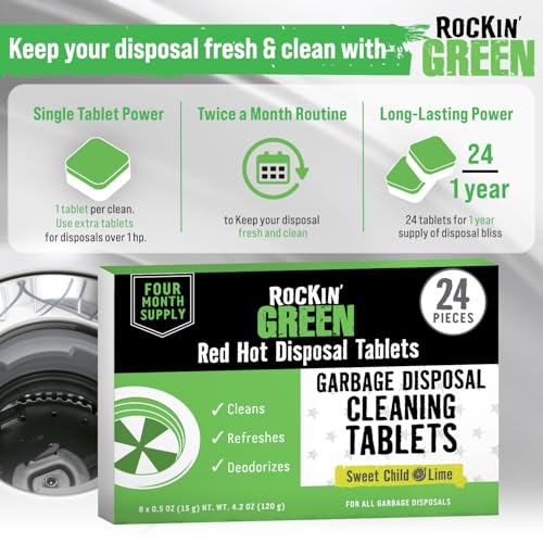 Rockin' Green Deep Cleaning and Deodorizing Tablets for Dishwashers, Washing Machines, and Garbage Disposals, Removes Odor and Residue (Garbage Disposal Cleaning Tablets, 24 Pack) - size: 1 Count (Pack of 24), style: Garbage Disposal Cleaning Tablets