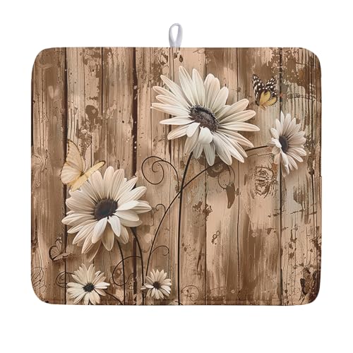 Summer Daisy Flowers Dish Drying Mat for Kitchen Counter 16x18in Rustic Wood Floral Kitchen Mat Daisy Microfiber Absorbent Dish Drainer Mat Fast Dry Kitchen Accessories Dishes Pad for Countertops - color: Rustic Daisy, size: 16" x 18"