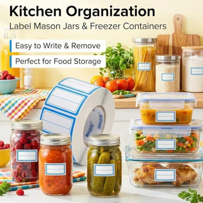 500 Removable Labels - No Residue, Reusable and Waterproof | Suitable for Food Storage Containers, Etc. (Double line-Blue) - color: Double Line-blue