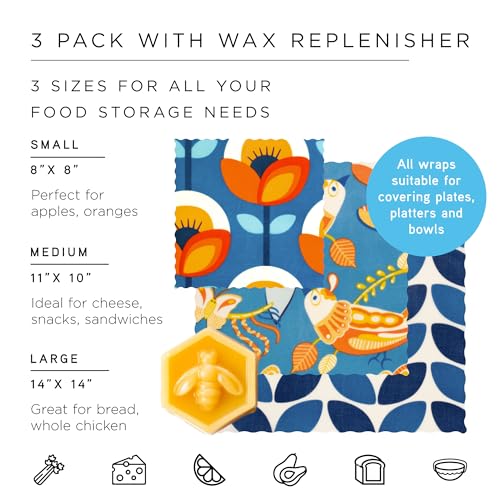 Honeybee Beeswax Wraps - Kitchen Starter Pack with Wax Replenish Block - Certified Organic Cotton Beeswax Wrap - Reusable Beeswax Food Wrap - 3 Pack - Small, Medium & Large - color: 3 Pack + Wax Replenish Block