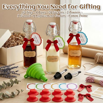 12 Pack 8oz Square Swing Top Glass Bottles – Flip Top Bottles with Stoppers for Vanilla Extract, Kombucha, Kefir, Home Brewing, Fermentation & Gifting, Includes 8 Extra Seals & 2 Pourers