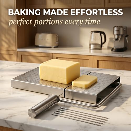 Cheese Slicer Board with Wire, Stainless Steel Cheese Cutter with Measuring Grid, Adjustable Thickness for Cheese & Butter, Includes 5 Replacement Wires