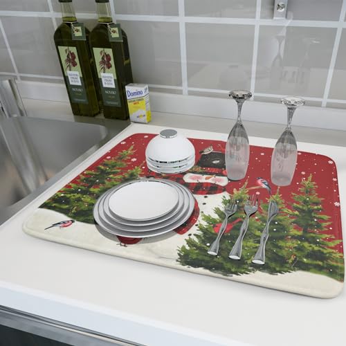 Christmas Tree Snowman Dish Drying Mats for Kitchen Counter 18×24 Inch Bird Snowflake Large Microfiber Drying Mat Kitchen Accessories Dish Rack Mat Drainer Pad Washable Absorbent - size: 18" x 24"