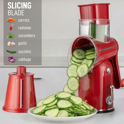 Zulay Kitchen Rotary Cheese Grater 5 Blade Cheese Shredder - Manual Hand Crank Cheese Grater With Reinforced Suction & 5 Interchangeable Drums - Easy to Use, Vegetable Chopper Round Mandoline Slicer - color: Classic | Red