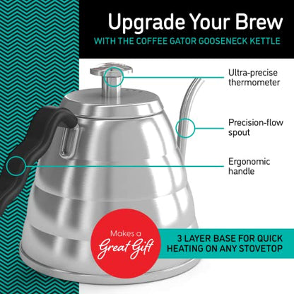 Coffee Gator Gooseneck Kettle with Thermometer - 40oz Premium Stainless Steel Pour Over Coffee Maker Kettles, Stove Top, w/Precision Drip Spout, for Drip Coffee, French Press, Tea Kettle, 5 Cup, 1.2L - size: 40 fl oz