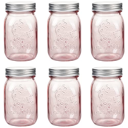 Amzcku 16 oz Rose Pink Mason Jars with Lids, 6 Pack Regular Mouth Pint Canning Jar, Safe For Storage, Canning, Pickling, Preserving, Fermenting, DIY Crafts & Decor - color: pink16oz 6pack