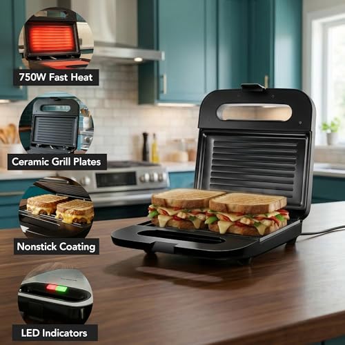OVENTE Electric Panini Press Grill with Nonstick Plates, LED Indicator Lights, Thermostat Control, Cool Touch Handle, Compact Sandwich Maker Perfect for Cooking Breakfast, Snacks & More, Black GP0401B - color: GP0401B