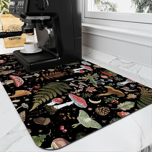 Mushroom Fern Leaves Berry Coffee Mat Dish Drying Mats for Kitchen Counter, Coffee Bar Mat for Countertop Vintage Botanical Nature Drying Mat Decor Gift Fit Under Coffee Maker (20x12in) - color: Mushroom Fern Leaves Berry