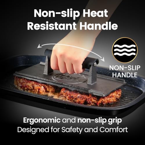 Gourmet Easy 3lbs Cast Iron BBQ Grill Press with Heat Resisitant Handle | Heat-Resistant Handle for a Secure Grip, Heavy Duty Ideal for Smash Burgers and Flat Top Grills, 5-Year Warranty - color: Grill Press Cast Iron