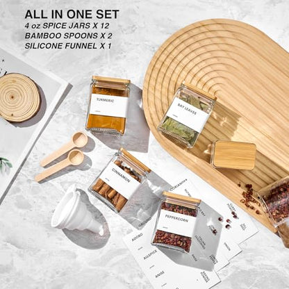 Glass Spice Jars with Bamboo Lid, 4oz Square Spice Containers for Pantry Organization, Seasoning Bottles with Labels, Spoons, Funnel for Salt Sugar - color: White