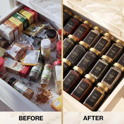 EDELHAUS Glass Spice Jars with Label, 24x Gold Stainless Steel Lids | Airtight Lids keep spices fresh, Kitchen Spice Drawer Organizer, 4oz Seasoning Containers incl. Funnel, Brush & 240 Labels - color: Gold Steel Lid