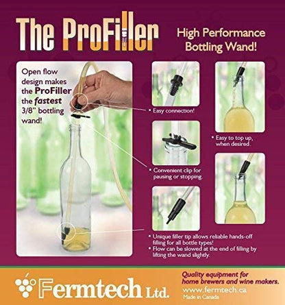 Fermtech Pro Filler with 6.5 Feet of Food Safe NSF-51 Certified Tubing - Auto Bottle Filler Wand for Bottling, Racking, Filling, & Brewing Equipment for Beer, Wine, Water & Craft Kits - Made in Canada