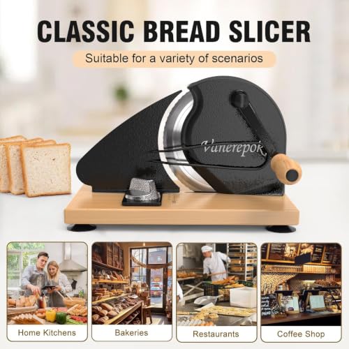 vanerepok Manual Bread Slicer Adjustable Thickness for Homemade Sourdough | Hand Crank Bread Cutter with Scale & Stable Suction Cups & Wood Base for Even Slicing Perfect Baking Gift for Home Bakers - color: Deep Black