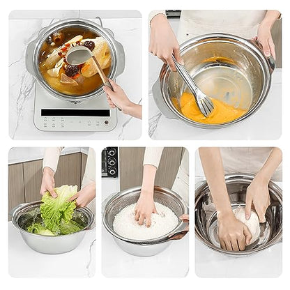 Paoli 304 Stainless Steel Fine Mesh Colander Set, 3.5QT Large Capacity Strainer with Mixing Bowl — Rinse Fruits, Veggies, Rice & Drain Pasta, Dishwasher Safe (2-Piece) - color: Primary color with handle, size: 3.5qt
