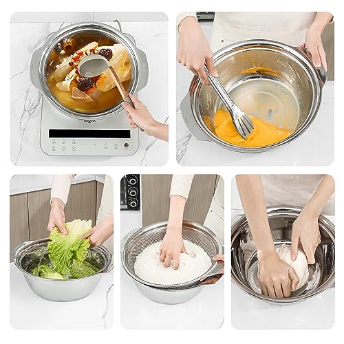 Paoli 304 Stainless Steel Fine Mesh Colander Set, 2.5QT Large Capacity Strainer with Mixing Bowl — Rinse Fruits, Veggies, Rice & Drain Pasta, Dishwasher Safe (2-Piece Gold) - color: Gold with handle, size: 2.5qt