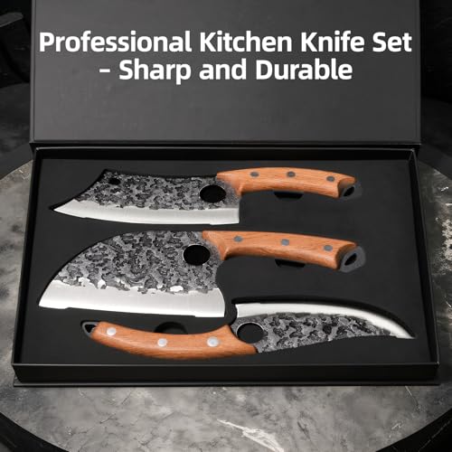 3PCS Butcher Knife Set, Hand Forged Serbian Chef Knives & Meat Cleaver & Viking Knives, Meat Cutting Kitchen Knife Set for Home, Outdoor Cooking, Camping BBQ - color: 3PCS Butcher Knife Set