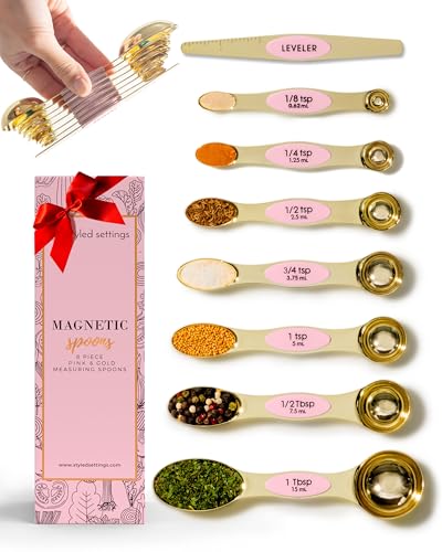 Pink Magnetic Measuring Spoons Set - 8-Piece Dual-Sided Stainless Steel Spoons, Stackable and Spice Jar Friendly – Stylish Pink Kitchen Accessories for Cooking and Baking - color: Pink & Champagne Gold