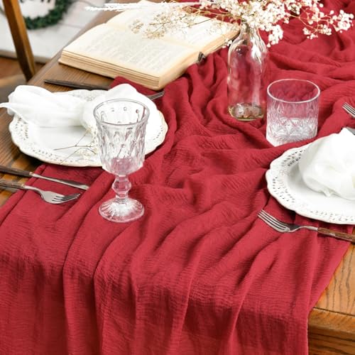 Artoid Mode Boho Cheesecloth Gauze Red Wedding Table Runner, 120 Inch Seasonal Christmas Fabric Kitchen Dining Holiday Table Decor for Home Party Indoor - color: Red, size: 120"