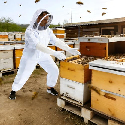 Beekeeping Suit, L Size White Protective Gear for Men, Full Body Coverage, Features Ventilated Goat Skin Gloves for Beekeepers