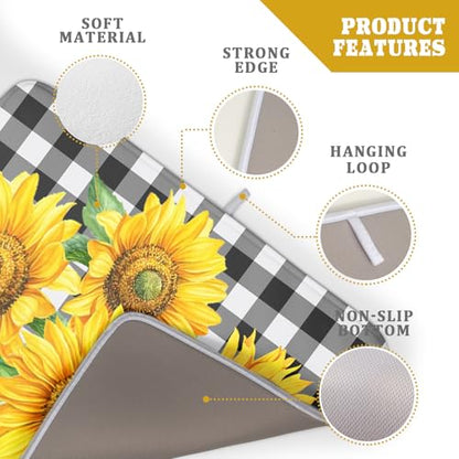 Sunflower Dish Drying Mat for Kitchen Counter Black White Buffalo Plaid Microfiber Absorbent Dish Draining Reusable Washable Foldable Extra Large 18"x24" - size: 24" x 18"