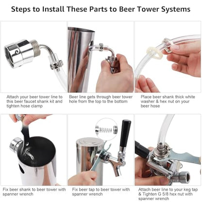 MRbrew Beer Line Shank Faucet Kit, Stainless Core Self-Closing Beer Tap with 3/16'' liquid hose & 1/4" Barb, Kegerator Tower Replacement Set for Draft Beer Dispenser - Include Tap Wrench & Hose Clamps