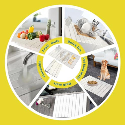 Large Stone Drying Mat for Kitchen Counter, 24"x16" Fast-Drying Super-Absorbent Diatomaceous Dish Drying Mat, Collapsible Dish Drying Stone for Dishes, Bottles, Cups, Any Countertop - color: White