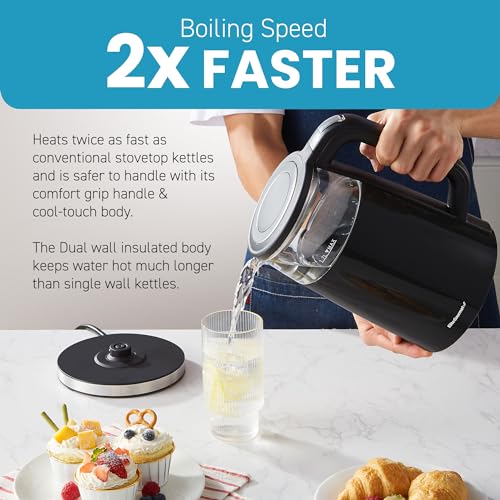 Elite Gourmet 1.7L Dual Wall Cool Touch Electric Tea Kettle, Borosilicate Glass, 304 Stainless Steel Interior, Programmed Digital Touchscreen, Keep Warm, Auto Off & Audible Indicator, Black - size: 1.8 Quarts