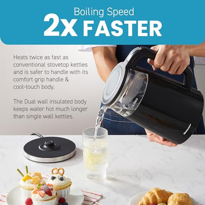 Elite Gourmet 1.7L Dual Wall Cool Touch Electric Tea Kettle, Borosilicate Glass, 304 Stainless Steel Interior, Programmed Digital Touchscreen, Keep Warm, Auto Off & Audible Indicator, Black - size: 1.8 Quarts