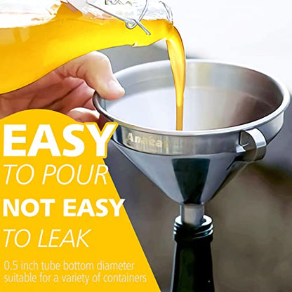 Anaeat Stainless Steel Kitchen Funnel, Multi-Use Premium Metal Food Grade Cooking Funnels with 2 Removable Strainer Filter for Transferring Liquid or Dry ingredients, Oils & 1 Pc Cleaning Brush (5.7")