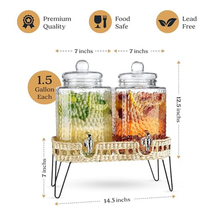 Beverage Dispensers - Set of 2 Glass Drink Dispensers with Metel Stand - 1.5-Gallon Capacity - Perfect for Lemonade, Juice, Water, Iced Tea, Punch (Wicker Design-Clear) - color: Wicker Design-Clear