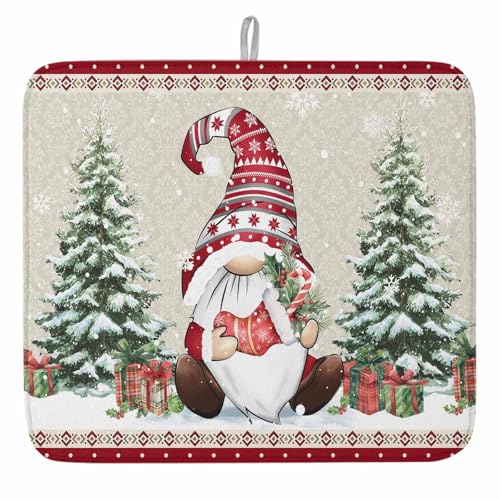 Christmas Dish Drying Mat for Kitchen Counter, Microfiber Rack Pads, Southwestern Xmas Gnomes Tree Winter Snowflake Absorbent Dish Bottle Drying Mat, 18''x24'', 1 Pack - size: 1PCS-18x24in