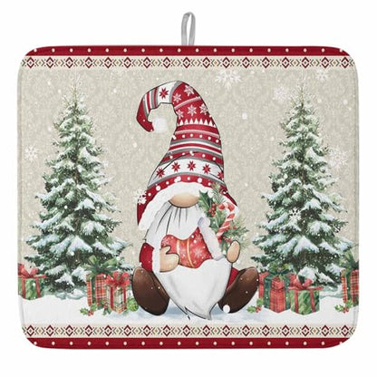 Christmas Dish Drying Mat for Kitchen Counter, Microfiber Rack Pads, Southwestern Xmas Gnomes Tree Winter Snowflake Absorbent Dish Bottle Drying Mat, 16''x18'', 1 Pack - size: 1PCS-16x18in