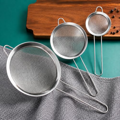 3 Pcs Stainless Steel Fine Mesh Strainer Set, Kitchen Colander with Long Handle, 3 Sizes (3.1/4.7/6.3 Inch) Food Sieve for Flour, Tea, Coffee, Juice and Cooking