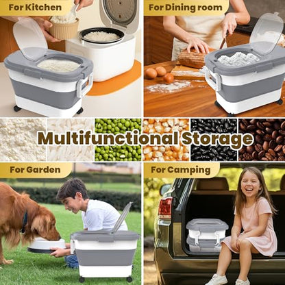 HOYTAMDA 20-30Lbs Rice Container,Collapsible Airtight Food Storage Containers with Wheels,Handle,Rice Storage Container with Small Bin and Scoop,Rice Dispenser for Flour Sugar Cereal Grain Dog Cat - color: Grey-20/30lbs