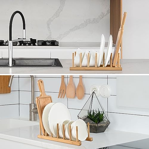 INNERNEED Bamboo Wooden Dish Rack, Vertical Plate & Lid Organizer | for Kitchen Cabinet or Countertop, Drying Stand for Dishes, Cutting Boards - size: Pack of 1