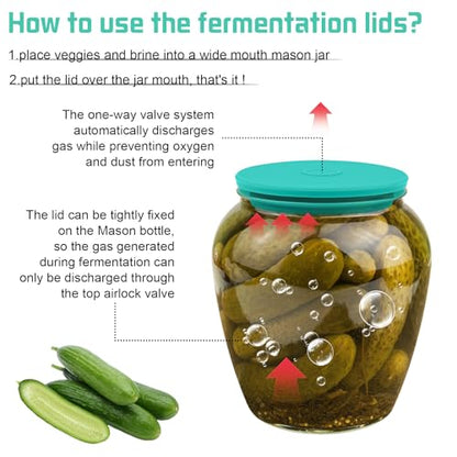Wide Mouth Mason Jar Fermentation Lids – Silicone Fermenting Caps with Waterless Airlock, Self-Burping Fermenter Tops for Pickles, Kimchi, and Probiotic Foods, 3 Pack Mint (Jars Not Included) - color: Mint