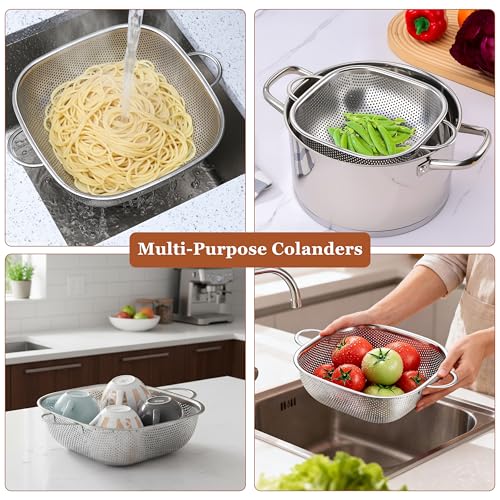 E-far 4QT Square Stainless Steel Colander - Metal Strainer with Handle for Draining Pasta & Vegetables, Micro-Perforated & Elevated Feet, Dishwasher Safe - size: 4QT