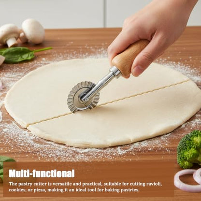 Pastry Cutter Wheel, Crinkle Wheel with Beech Wood Handle | 304 stainless steel crinkle blade, beech wood handle, multi-use for pizza pasta pastry cookie ravioli, 5 variants - color: Short Handle Small Cutter Wheel