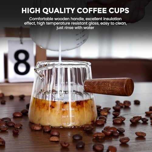2 PCS Espresso Measuring Cup 6 Oz, Espresso Glass Cups with Wood Handle, Milk Frothing Cup, Espresso Cup for Coffee, Milk, Tea or Maple Syrup Serving - color: Clear