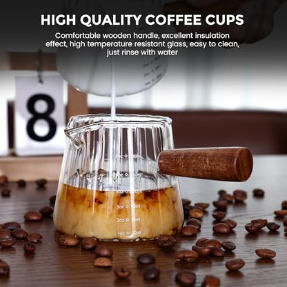 2 PCS Espresso Measuring Cup 6 Oz, Espresso Glass Cups with Wood Handle, Milk Frothing Cup, Espresso Cup for Coffee, Milk, Tea or Maple Syrup Serving - color: Clear