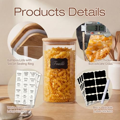 HomArtist 27oz - 4 Pack Square Glass Jars with Bamboo Lids, Glass Food Storage Containers with Airtight Lids for Kitchen, Air Tight Pantry Storage Containers - color: 27oz 4 Pack