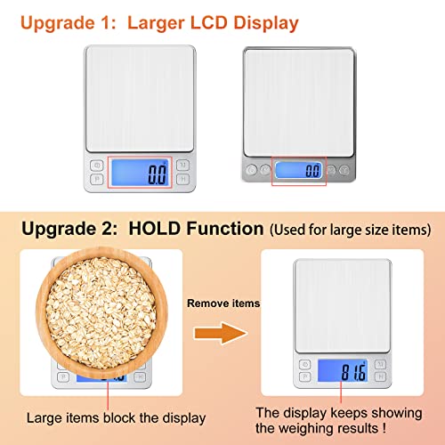 BOMATA Upgraded Small Food Scale, 0.1 g/0.001 oz High Precision, 3000 g/6.6 lb, with New Hold Function and Larger Display, USB Rechargeable, Digital Kitchen Scale for Small Item, Jewelry. Sliver - size: 0.1g/3kg Silver