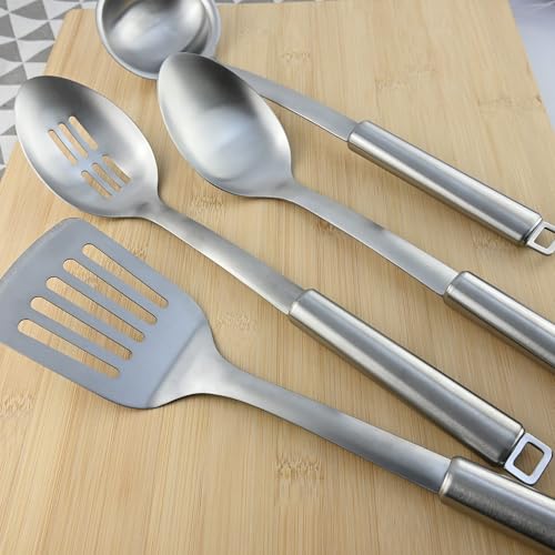18/0 Stainless Steel Kitchen Cooking Utensil Set, Ergonomic Handle, Dishwasher Safe, Slotted Spoon, Ladle, Turner, Serving Spoon for Housewarming Daily Use Commercial, Pack of 4 - size: Cooking Utensils - 4PCs