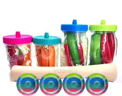 Complete Mason Jar Fermentation Kit with Pounder, 4 Glass Weight and 4 Fermenter lids Sauerkraut Caps Fermenting Food Tool for Wide Mouth Mason Jars-Jars Not Included (Have pounder) - size: With Pounder