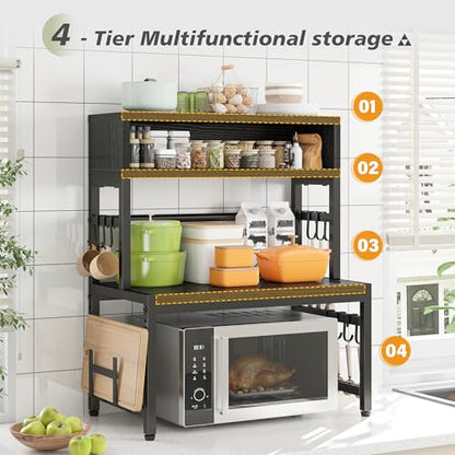 EnHomee 4-Tier Microwave Stand for Kitchen Storage, Black | 205 lb Capacity, Adjustable Kitchen Shelves with 9 Hooks & Cutting Board Rack - color: Black