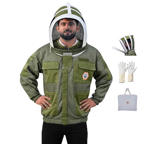 Beekeeping Jacket with Veil 3-Layer Ultra Ventilated Veil Fencing YKK Zippers Full Protection Suit Carrying Bag (BP-301-Green)-5XL - color: Green Fencing Veil, size: 5X-Large