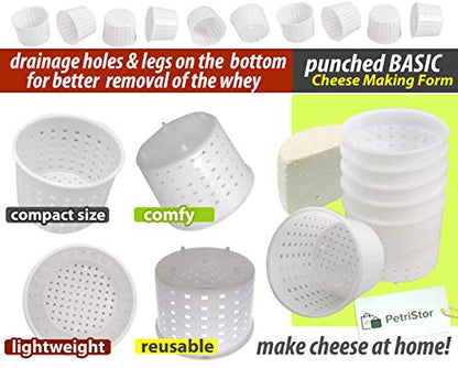 PetriStor 10pcs Small Cheese Mold for Cheese Making 1/3 qt - Soft Cheese Molds - Homemade Cheese Making Supplies - Cream Cheese Form Mold - Moldes Para Queso Fresco Casero - Feta Cheese Making